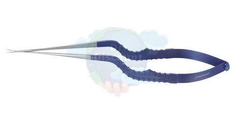 Микроножницы с байонетной ручкой 1 типа, закругленным кончиком, плоским лезвием 15,3 мм, изогнутые вправо, общ. длина 185 мм, рабочая длина 85 мм