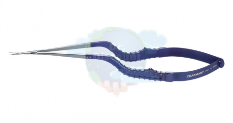 Микроножницы с байонетной ручкой 2 типа, закругленным кончиком, плоским лезвием 15,3 мм, изогнутые вправо, общ. длина 200 мм, рабочая длина 100 мм