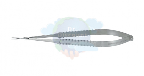 Микроножницы с прямой ручкой, закругленным кончиком, плоским лезвием 20,3 мм, изогнутые вправо, общ. длина 180 мм
