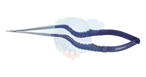 Микроножницы с байонетной ручкой 2 типа, закругленным мини-кончиком, изогнутым лезвием 8,3 мм, прямые, общ. длина 180 мм, раб. длина 80 мм