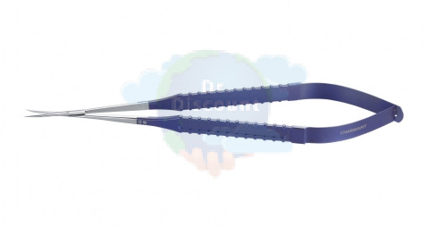 Микроножницы с прямой ручкой, острым кончиком, плоским лезвием 20,3 мм, изогнутые вправо, общ. длина 180 мм